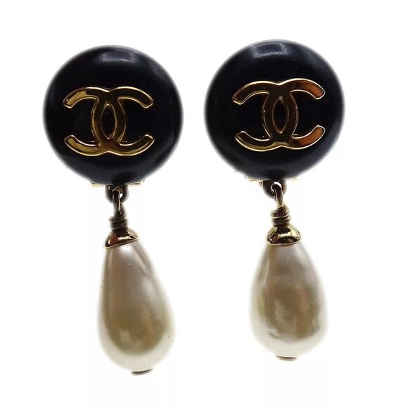Chanel Artificial Pearl Dangle Earrings Clip-On 96A Black Gold 171172 - Picture 1 of 4